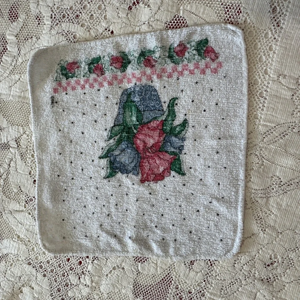 Vintage‎ Royal Terry B&D Floral Rose Basket Cotton Washcloth White Pink Blue